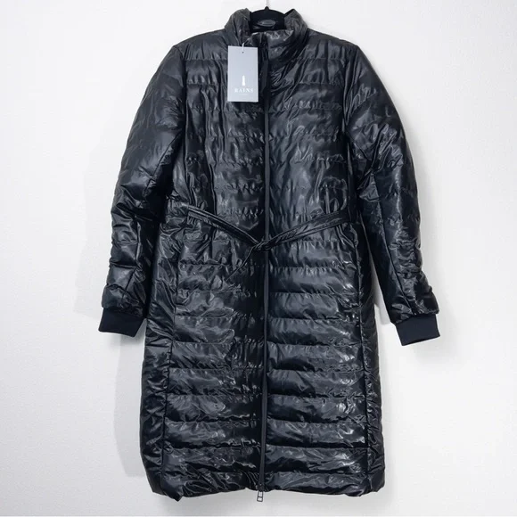 NWT RAINS Trekker W Coat XS/S Shiny Black Insulated Belted Waterproof Long - Picture 3 of 13